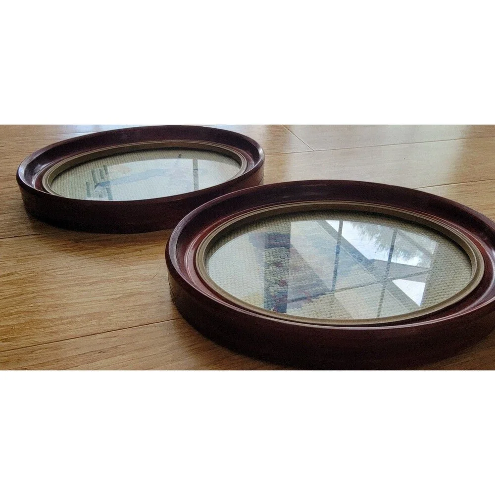 Set of 2 Vintage Antique Oval Framed Needlepoint Victorian Lady and Gentlemen